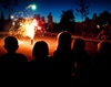 A crowd watches a fireworks display.